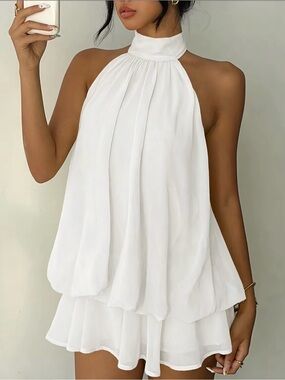 Flowy White Halter Chiffon Dress